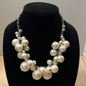 Cluster Faux Pearl & Silver Tone Statement Bib 9.5” Long Necklace